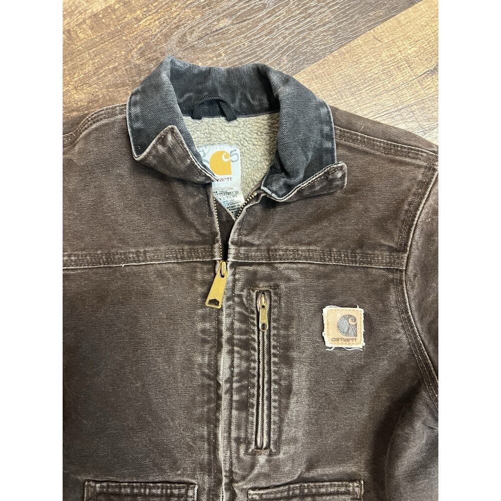 carhartt detroit jacket youth kids Medium brown faded sherpa lined workwear vtg - Picture 2 of 8